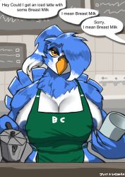 absurd_res anthro apron apron_only avian beak beverage big_breasts birb_cafe bird blue_body blue_feathers blue_nipples breasts budgerigar cafe chelly_(birb_cafe) clothing coffee coffee_cup coffee_pot container cup curvy_figure dialogue feathers female hair hair_over_eye hi_res huge_breasts i_mean_breast_milk just-a-smidgen looking_at_viewer loriinae meme moka_pot nipple_slip nipples parakeet parrot ponytail solo speech_bubble tail tail_feathers true_parrot tuft white_body white_feathers wide_hips winged_hands wings yellow_eyes