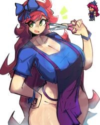 1girls 5_fingers apron background blue_clothing blue_outfit bracelet breasts clothed clothed_female dierelc female female_focus female_only fingers green_eyes hand_on_thigh headband holding_object huge_breasts human human_only long_hair no_panties no_pants no_underwear npc one_hand_up open_mouth pink_hair scissors simple_background solo solo_female stylist_(terraria) terraria thick_thighs thighs tongue white_background