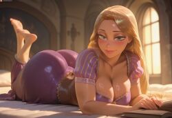 ai ai-created ai_art ai_generated barefoot big_eyes blonde_hair cleavage clothed clothed_ass collarbone disney disney_princess fantasy female giant_ass gigantic_ass golden_hour green_eyes huge_ass large_breasts laying_on_bed laying_on_stomach legs_up lighting long_hair looking_at_viewer massive_ass medieval pink_dress rapunzel reading reading_book sole_female solo solo_female sunset very_long_hair