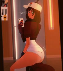 3d ass ass_focus big_ass brown_hair dark-skinned_female dark_skin female hat kneeling koikatsu long_hair mirror mirror_selfie phone selfie solo solo_female solo_focus spiritofrei streaming_chan text tongue tongue_out va-11_hall-a