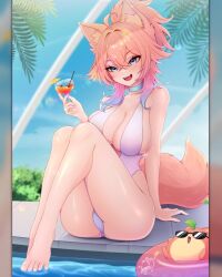 nayami_chan 1girl fox_girl fox_tail fox_ears pink_hair swimsuit swimming_pool sunshine swim_ring peach_hair feet vtuber german_vtuber solo siting water one-piece_swimsuit glass cock-tail holding_cup large_breasts long_hair ponytail choker ahoge original fangs day palm_tree multicolored_hair fat_ass thick_thighs thick_ass mommy