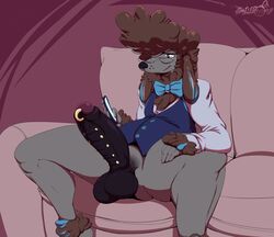 2017 anthro big_penis bottomless bow_tie canine eyewear frenum_ladder furry genital_piercing glasses huge_cock indoors leroux male male_only mammal penis phone pompadour poodle prince_albert_piercing reclining sebastien sitting smile smilebomb smirk sofa solo toony uncut vest