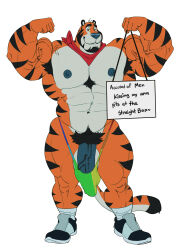 male male_only solo solo_male bara barazoku muscles muscular sharf penis balls big_penis big_balls anthro furry kellogg's frosted_flakes tony_the_tiger tiger flexing flaccid bulge sign