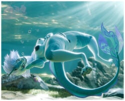 3d_(artwork) anthro anus blender_(artwork) blue_body breasts bubble digital_media_(artwork) disney dragon eastern_dragon female genitals hair hi_res looking_at_viewer mythological_creature mythological_scalie mythology nude pinup pose potatotime raya_and_the_last_dragon scalie sisu_(ratld) solo tail thick_thighs underwater vulva water watermark