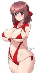 kuzuryuu_kennosuke girls_und_panzer kondou_taeko schoolgirl blush gigantic_breasts gigantic_ass gigantic_thighs gigantic_butt wide_hips breasts_bigger_than_head bikini swimsuit red_hair red_eyes red_bikini hyper hyper_ass hyper_butt hyper_thighs hyper_genitalia 1girls female female_only white_background 2d 2026 signature
