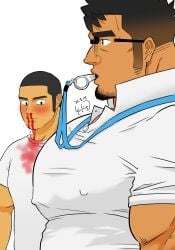 2022 2boys bara black_hair blush buzz_cut chicu322 clothed gay girl_staring_at_guy's_chest glasses goatee male male_only meme muscular nipples_visible_through_clothing nosebleed original p.e._teacher sanpaku simple_background student tank_top teacher whistle whistle_in_mouth white_background