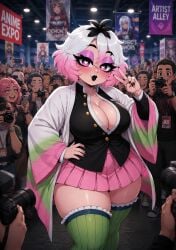 ai_generated anime big_breasts big_butt big_thighs black_lips camera cartoon convention cosplay emberlynn_pinkle emberlynn_pinkle_(human_form) exhibitionism female_focus fetish helluva_boss kanroji_mitsuri kanroji_mitsuri_(cosplay) kimetsu_no_yaiba kinky large_breasts love_eyes no_bra pose round_breasts sexy_body sexy_pose tight_clothing vivziepop winking_at_viewer