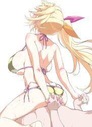 1boy 1girl aqua_nails ass bikini blonde_hair commentary_request fingernails girl_on_top gold_bikini hetero highres holding_hands hoshikawa_sara interlocked_fingers long_hair nail_polish nijisanji ohako purple_nails reverse_cowgirl_position sex side-tie_bikini_bottom side_ponytail simple_background straddling swimsuit virtual_youtuber white_background