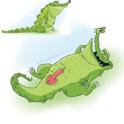 alligator alligatorid anatomically_correct anatomically_correct_genitalia anatomically_correct_penis anthro crocodile crocodilian genitals hi_res lying male narrowed_eyes on_back overweight penis presenting reptile scalie smile smiling_at_viewer solo squint srirachamander