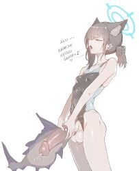 1girl animal_ear_fluff animal_ears animal_penis beastiality blue_archive blue_halo breasts closed_eyes commentary cum debuffs_only ejaculation english_commentary extra_ears fish fishjob futa_on_feral futanari halo highres huge_penis huge_testicles one-piece_swimsuit open_mouth penis russian_text shiroko_(blue_archive) shiroko_(swimsuit)_(blue_archive) simple_background small_breasts solo swimsuit testicles translation_request uncensored white_background wolf_ears zoophilia