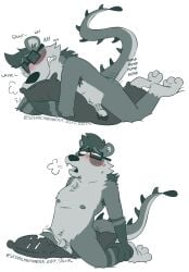 absurd_res anthro armpit_hair badger blush blush_lines bodily_fluids body_hair chastity_cage chastity_device ejaculation eyewear genital_fluids glasses grinding grunting hi_res hug hugging_object hugging_pillow hybrid male mammal masturbation mustelid musteline nipples out_of_breath pillow pillow_humping precum solo srirachamander whining