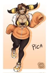1girls animal_ears artist_name character_request dark-skinned_female ear_piercing full_body furry horns huge_breasts jacket janus_jammy mole_on_breast one_leg_raised open_mouth orange_background sleeves_past_wrists smile sneakers unzipped yellow_eyes