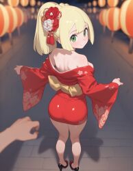 ai_generated bare_legs blonde_female focus_on_ass green_eyes heavenly_body high_heels kimono lillie_(pokemon) perfect_ass petite_female pokemon pretty_girl seductive_smile sexy slutty_dress slutty_female small_ass small_breasts
