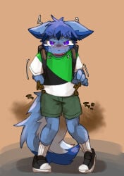2026 5_fingers absurd_res anthro backpack bar_emanata blue_body blue_fur blush bottomwear canid canine canis clothing emanata endoudouhu fart fingers footwear front_view fur green_bottomwear green_clothing green_shorts hi_res japanese_text male mammal open_mouth rumbling_stomach shirt shoes shorts solo sound_effects standing tail text topwear white_body white_fur white_tail wolf