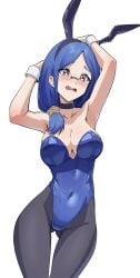 1girl absurdres animal_ear_hairband animal_ears armpits black_pantyhose blue_hair blue_leotard breasts choker cleavage collarbone commentary embarrassed fake_animal_ears glasses groin hairband hands_up highleg highleg_leotard highres kanashikeki leotard little_witch_academia open_mouth pantyhose playboy_bunny rabbit_ear_hairband rabbit_ears simple_background solo spanish_commentary thigh_gap ursula_callistis white_background white_wrist_cuffs wrist_cuffs