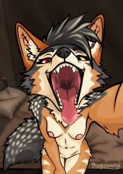 furry vore oral_vore imminent_vore mawshot open_mouth open_mouth_smile open_mouth_tongue_out saliva tongue tongue_out saliva_string saliva_drip saliva_on_tongue female 1girl 1girls jackal fhyra fhyra_(fhyrajackal) dragonimator sitting sitting_on_bed pov pov_vore vore_pov naked naked_female anthro red_eye yellow_eye canine