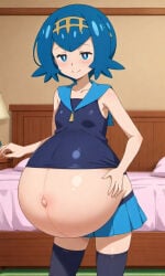 aged_up ai_generated blue_eyes blue_hair female female_only lana_(pokemon) pokemon pokemon_sm pregnant pregnant_belly pregnant_female solo solo_female solo_focus trial_captain trial_captain_lana
