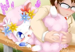 alpaca anal anal_fingering angela_(jewelpet) anus blue_eyes blush camelid drooling eyewear female fingering fur gem glasses human jewelpet jewelpet_(species) looking_back male mammal open_mouth pussy pussy_juice saliva sanrio sega sega_toys spreading straight suvaru sweat white_fur ♀