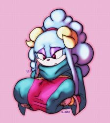 animated anthro ariem_(sonic) big_breasts blue_body blue_clothing blue_fur blueast bovid bracelet breast_play breasts caprine clothed clothing curved_horn disembodied_penis eyelashes eyeshadow female floppy_ears fur genitals gloves handwear hi_res horn huge_breasts jewelry lop_ears makeup male male/female mammal nipple_outline penis pink_background pink_clothing pink_eyes purple_eyeshadow purple_nose sega sex sheep simple_background solo sonic_the_hedgehog_(series) titfuck titfuck_under_clothes white_body white_clothing white_fur white_gloves white_handwear yellow_horn