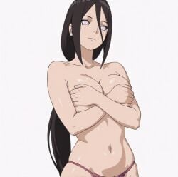 1girls arm_support bare_breasts bare_legs bare_shoulders bare_thighs big_breasts blush boruto:_naruto_next_generations breasts brown_hair collarbone covering covering_self female g-string hyuuga_hanabi kiripetals legs_together long_hair looking_at_viewer naruto naruto_(series) nipples panties pinup plain_background simple_background smile solo thighs thong topless topless_female upper_body very_long_hair violet_eyes white_background white_skin