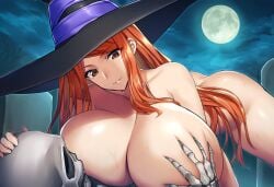 ai_generated brutoaimage sorceress_(dragon's_crown) dragon's_crown 1girls solo skeleton huge_breasts gigantic_breasts witch_hat night breast_rest groping breast_grab outdoors long_hair nude nude_female