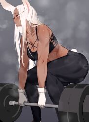 athletic athletic_female barbell big_breasts cleavage dark-skinned_female dark_skin fit_female fluffy_tail gloves gym gym_uniform heavy_breathing kikimifukuri miruko muscular muscular_female muscular_thighs my_hero_academia rabbit_ears rabbit_tail red_eyes rumi_usagiyama shounen_jump steam steaming_body steamy_breath sweat sweatdrop sweating white_hair working_out workout workout_clothes