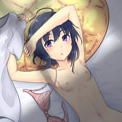 bed black_hair blush bra breasts female mgnctc navel nipples nude open_mouth purple_eyes school_girl_strikers small_breasts solo sumihara_satoka underwear