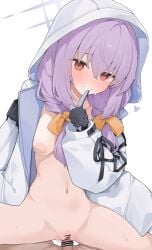 1boy 1girl absurdres areola_slip atsuko_(blue_archive) bandaid bandaids_on_nipples bar_censor black_gloves blue_archive blue_halo blush breasts censored commentary_request covered_nipples cowgirl_position finger_to_mouth girl_on_top gloves hair_between_eyes hair_ribbon halo heart hetero highres index_finger_raised jacket long_hair long_sleeves looking_at_viewer medium_breasts mikozin navel pasties penis purple_hair pussy red_eyes ribbon sex shushing simple_background solo_focus straddling sweat vaginal white_background white_jacket yellow_ribbon