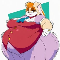 ai_generated ascot bangs beige_fur belly_overhang big_belly big_breasts big_butt button_up_shirt chubby_face fat fat_folds flabby_arms flabby_legs hazel_eyes lavender_dress obese obese_anthro obese_female orange_hair overweight overweight_anthro overweight_female rabbit rabbit_girl red_shirt sonic_the_hedgehog_(series) thick_thighs vanilla_the_rabbit white_gloves wide_hips