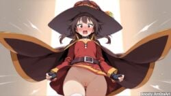 1girl ai_generated amoraart artist_name ass_visible_through_thighs bandaged_leg bandages belt black_choker black_gloves black_headwear blush breasts brown_hair brown_headwear cape choker cleft_of_venus cowboy_shot dress embarrassed female female_only fingerless_gloves from_below gloves hat kono_subarashii_sekai_ni_shukufuku_wo! long_sleeves looking_at_viewer looking_down megumin no_panties open_mouth pussy red_dress red_eyes short_dress short_hair short_hair_with_long_locks single_thighhigh small_breasts solo thigh_gap thighhighs uncensored wind wind_lift witch_hat