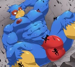 absurd_res anthro avian bird blue_body bulge canid canine clenched_teeth clothing damaged_ceiling destruction detailed_bulge falco_lombardi green_eyes group growth hi_res inside macro maldu male mammal muscle_growth muscular muscular_male nintendo nipple_fetish nipple_play orange_body room_filling size_difference speedo star_fox swimwear teeth worship