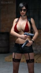 1girls 3d 3d_(artwork) absurdres ada_wong alternate_outfit bare_shoulders beautiful_woman bikini_top black-haired_female blurred_background bracelets choker cleavage denim_short_shorts denim_shorts dual_wielding emotionless_female erect_nipples erect_nipples_under_bikini expressionless female female_only fishnet_legwear fishnet_stockings high_quality holding_guns holding_pistol holding_weapons huge_breasts jean_shorts mature_woman navel pinup posing red_bikini_top red_lipstick resident_evil short-haired_female sija_art standing sunglasses text tinted_eyewear watermark wristwatch