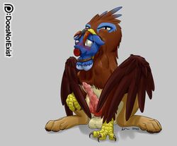 2017 avian balls blue_eyes blue_fur blush bondage bound brown_feathers brown_fur claws dildo_gag drooling duo equine fan_character feathered_wings feathers feral fur gag gay grey_background gryphon horse knot looking_at_viewer male mammal my_little_pony neck_bulge oral_vore penis pony saewin saliva seaward_skies signature simple_background sitting tan_fur testicles theandymac vore wings yaoi