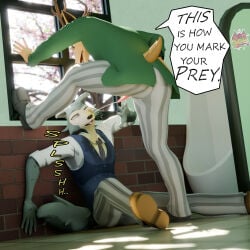 1:1 3d_(artwork) absurd_res animal_genitalia anthro antlers bathroom beastars blender_(artwork) bodily_fluids canid canine canis cervine cervine_genitalia clothed clothing deer dialogue digital_media_(artwork) dominant dominant_male duo english_text genital_fluids genitals hi_res horn inside legoshi_(beastars) louis_(beastars) male male/male mammal onomatopoeia peeing peeing_on_another peeing_on_face potatotime sound_effects text urine urine_on_face watermark watersports wet wet_clothing wolf