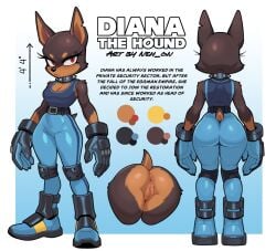anthro anus belt big_butt black_clothing black_gloves black_handwear black_nose blue_background blue_bottomwear blue_clothing blue_footwear blue_pants blue_shoes border bottomwear breasts brown_body brown_fur butt canid canine canis cleavage clothed clothing collar domestic_dog english_text eyelashes fan_character female footwear front_view fur genitals gloves handwear hi_res looking_at_viewer mammal model_sheet neh_on notched_ear pants rear_view red_eyes sega shoes simple_background solo sonic_the_hedgehog_(series) spiked_collar spikes text thick_thighs vulva white_border wide_hips