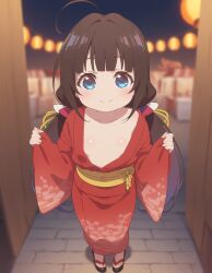 ai_generated blue_eyes brown_hair flat_chest focus_on_chest heavenly_body hinatsuru_ai kimono petite_female pretty_girl sexy skinny_female slim_female slutty_dress slutty_female tempting tempting_viewer