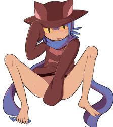 1ambiguous ambiguous_gender artist_name black_eyes blue_hair blush blush_lines blushing cat_ears clothing covering covering_crotch covering_privates fang fang_out hair hat humanoid humanoid_feet niko_(oneshot) no_artist_signature oneshot open_mouth solo sweat sweatdrop sweaty sweaty_thighs topwear topwear_only unknown_artist yellow_sclera