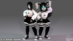 2boys 2femboys alt ear_piercing femboy hand_on_hip midriff n_voltra peace_sign piercing school_uniform stockings thick_thighs thighs thunder_thighs v voltra