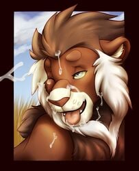 cum cum_on_face feline feral fur grass lion male male_only mammal savanna sky tawnix