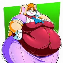 ai_generated ascot bangs beige_fur belly_overhang big_belly big_breasts big_butt button_up_shirt chubby_face fat fat_folds flabby_arms flabby_legs hazel_eyes lavender_dress obese obese_anthro obese_female orange_hair overweight overweight_anthro overweight_female rabbit rabbit_girl red_shirt sonic_the_hedgehog_(series) thick_thighs vanilla_the_rabbit white_gloves wide_hips