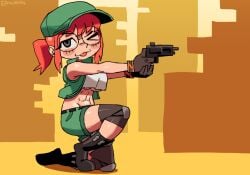 ennuikalart original fio_germi metal_slug posing orange_background green_baseball_cap glasses brown_hair brunette brunette_female blush blush_lines winking_at_viewer looking_at_viewer pointing_gun tongue_out sleeveless_jacket green_jacket short_pants green_pants knee_sleeves knee_pads midriff underboob low_cut_top abs black_boots black_gloves weapon gun pistol