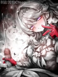 1boy 1girl artist_name bilibili_username blur_censor blush breasts censored character_request check_character chinese_commentary commentary_request cum denia_(wuthering_waves) dress ejaculation gloved_handjob gloves greyscale hair_intakes hair_ornament handjob heart hetero highres kupa_(jesterwii) long_hair looking_at_viewer medium_breasts monochrome parted_lips penis pov projectile_cum purple_eyes red_gloves solo_focus spot_color wuthering_waves