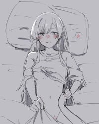 2girls absurdres blush breasts cho_kaguya-hime! clothes_lift clothes_tug collarbone commentary_request futa_with_female futanari futanari_pov greyscale heart heavy_breathing highres kage_ochi long_hair looking_at_viewer lying midriff monochrome multiple_girls navel nipples on_back pillow pov runami_yachiyo sakayori_iroha shirt_lift signature small_breasts spoken_heart spot_color