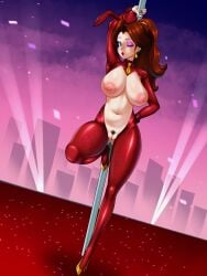 1girl alternate_costume animal_ears ass_visible_through_thighs blue_eyes breasts brown_hair city commentary earrings english_commentary eyeshadow fake_animal_ears female_pubic_hair gold_earrings gold_necklace gold_shoes highres hiphighs jewelry large_areolae large_breasts makeup mario_(series) necklace necktie night nipples one_eye_closed pauline pauline_(mario) pauline_(nintendo) pole pubic_hair puckered_lips purple_eyeshadow pussy rabbit_ears red_lips reverse_bunnysuit reverse_outfit shoes short_necktie shrug_(clothing) sleepiitreat solo spotlight stripper_pole super_mario_odyssey variant_set