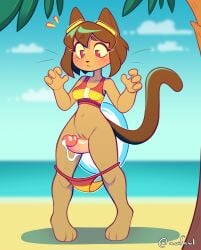 anthro awfawl beach bikini bodily_fluids breasts clothing cum domestic_cat dominant dripping erection felid feline felis female gameoverse genital_fluids genitals glitch_productions hi_res kit_(gameoverse) kit_bodega male male/female mammal nature outside penis portal public sea solo submissive submissive_female swimwear thigh_sex two-piece_swimsuit water