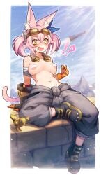 !? animal_ears bandaid bandaids_on_nipples blush breasts cat_ears duel_monster female ferret_ears ferret_girl gloves goggles goggles_on_head grey_jumpsuit hair_ornament highres horny jumpsuit jumpsuit_around_waist kitt_(yu-gi-oh!) long_hair medium_breasts navel no_bra no_shirt open_mouth pasties pink_hair pink_tail poifuru sweat tail topless tri-brigade_kitt tri-brigade_mercourier twintails underboob yellow_eyes yu-gi-oh!