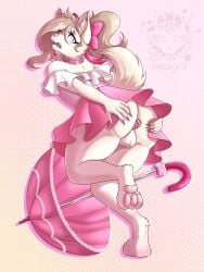 2026 3:4 3_toes 5_fingers absurd_res accessory anthro balls big_balls big_butt blouse blush bottomwear bow_(feature) bow_ribbon butt butt_focus butt_grab buttplug canid canine canis cheek_tuft claws clothed clothing collar digital_drawing_(artwork) digital_media_(artwork) dog_ears domestic_dog ears_up english_text eyebrow_through_hair eyebrows eyelashes facial_tuft fan_character fangs feet femboy finger_claws fingers fluffy fluffy_ears fluffy_tail frilly frilly_clothing fur genitals hair hair_accessory hair_bow hair_ribbon hand_on_butt heart_buttplug heart_pendant heart_symbol heterochromia hi_res hindpaw long_eyelashes long_hair male mammal manicure no_underwear one_leg_up open_mouth pawpads paws pink_background pink_bottomwear pink_clothing pink_nose pink_pawpads pink_skirt pink_umbrella plug_(sex_toy) raised_bottomwear raised_clothing raised_leg raised_skirt rear_view ribbons ruff_(clothing) scared sex_toy signature simple_background skirt slim_figure slim_male solo sparkles tail tan_body tan_fur tan_hair tasseya teeth text toes topwear translucent translucent_hair tuft umbrella url watermark