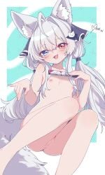 1girl :d absurdres ahoge animal_ear_fluff ass blue_eyes blue_ribbon blush breasts cat_hair_ornament commission completely_nude fang feet_out_of_frame grey_hair grey_tail hair_intakes hair_ornament hair_ribbon hand_fan heterochromia highres holding holding_fan huge_ahoge knees_together_feet_apart knees_up large_tail legs long_hair looking_at_viewer low_twintails mibuki_ni nipples nude open_mouth original pussy red_eyes ribbon signature sitting small_breasts smile solo tail twintails uncensored