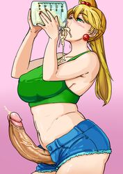 1futa bimbo blonde_hair blue_eyes blush breasts cum cum_drinking erection eva_(neone-x) futa_only futa_sans_balls futanari intersex large_breasts neone-x penis ponytail shorts solo standing tank_top tied_hair uncensored