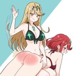 ai_generated stable_diffusion civitai xenokriss xenoblade_chronicles_2 pyra mythra spanking spank_marks 2girls yuri bikini bottomless blushing spanked_butt over_the_knee_spanking blonde_hair red_hair red_eyes yellow_eyes simple_background